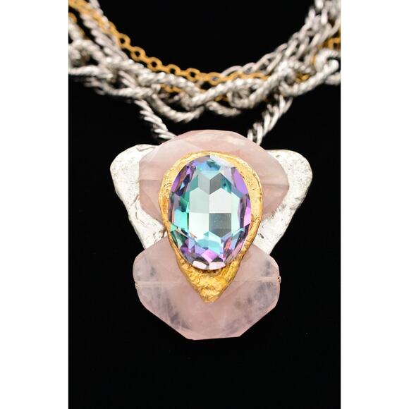 J. Jansen Brutalist Statement Necklace Crystal Pink Stone Chunky Signed Bin6A - Picture 1 of 12